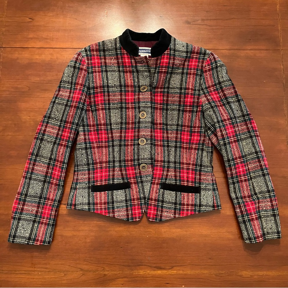 Vintage Pendleton Cardigan Jacket Blazer Wool Red Plaid Womens 6